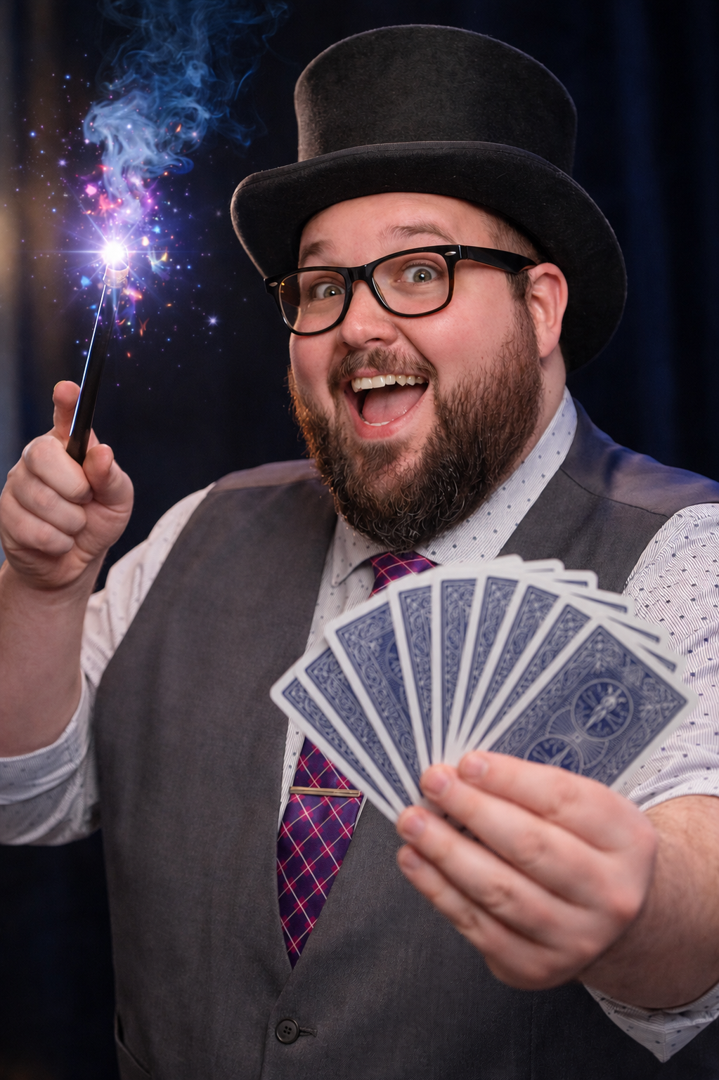 Magician from Big Top Productions holding playing cards and a wand